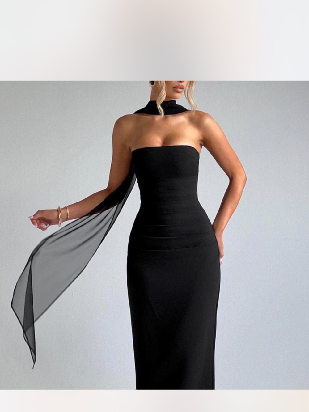 Black Strapless Evening Gown with Draped Sheer Scarf